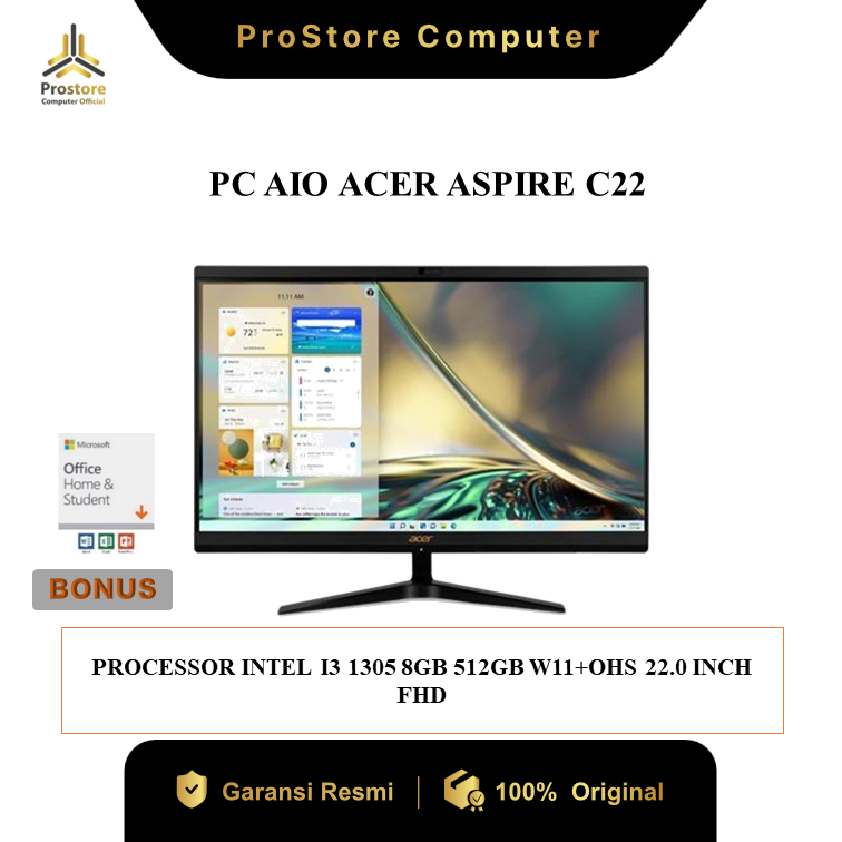 ACER AIO Aspire C22 Intel Core i3 1305 8GB 512GB W11 OHS 22" FHD - PC AIO ALL IN ONE - KOMPUTER - PC