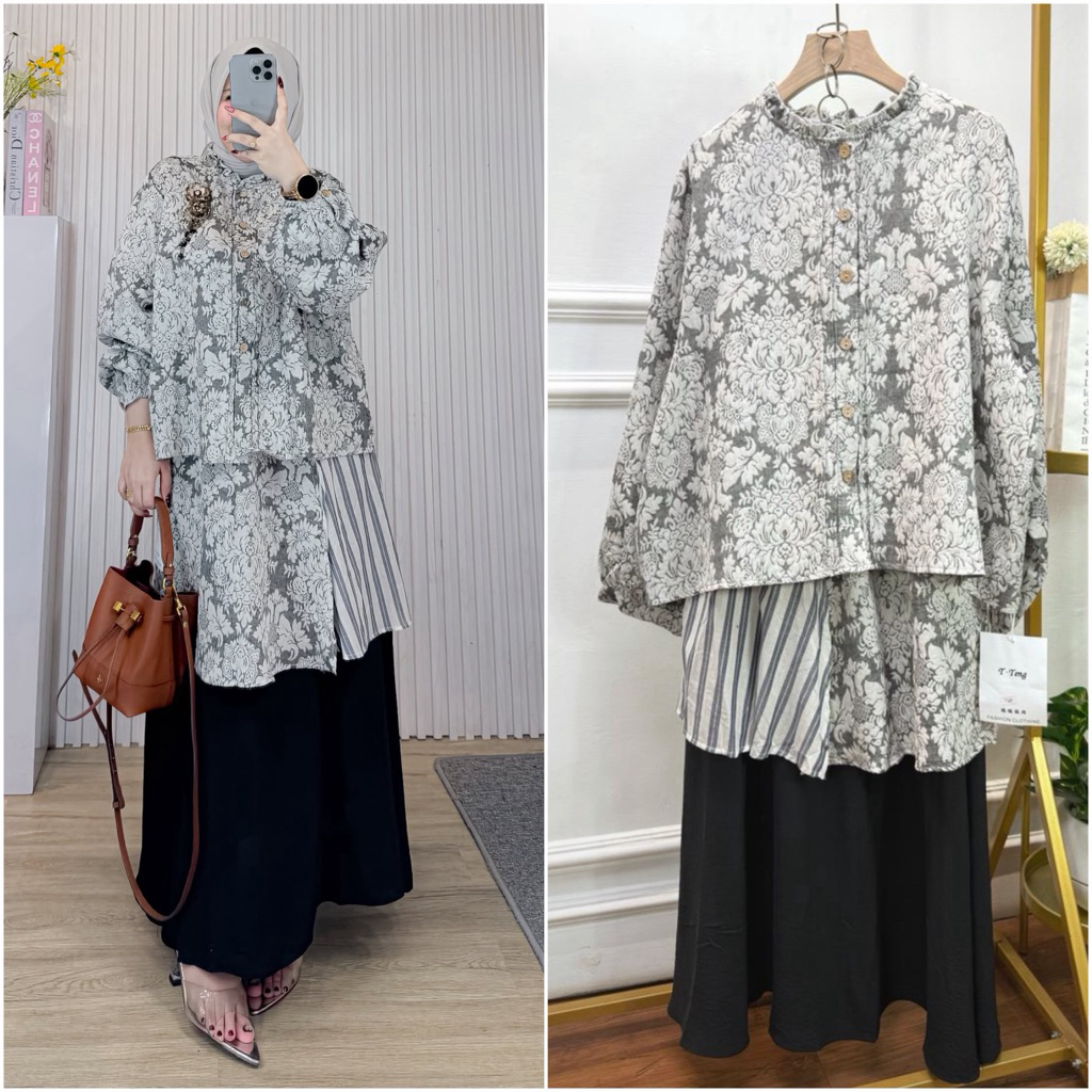 TATAOS BANGKOK NAJIWA ONE SET SETELAN BLOUSE & ROK FLARE BUNGA MIX ETNIK TAG LABEL SOFT LINEN TEKSTU