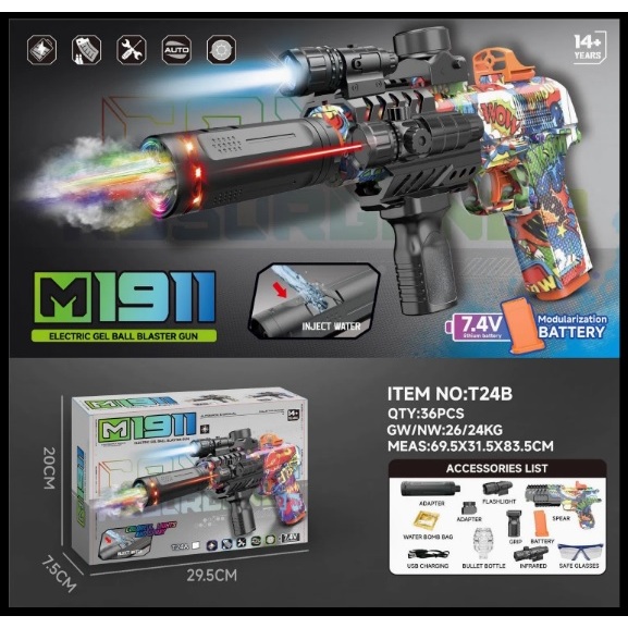 Mainan Glock M1911Ball Blaster With Smoke Tacer Tembakan Anak WGG Water Gel Blaster Watergel