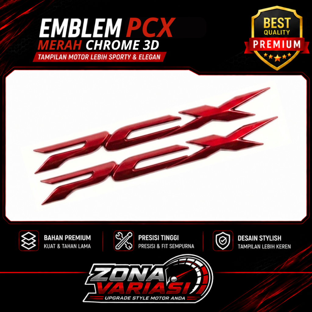 Zona Variasi Emblem PCX Merah Chrome 3D ABS Premium Logo Timbul Aksesoris Motor PCX 150 160