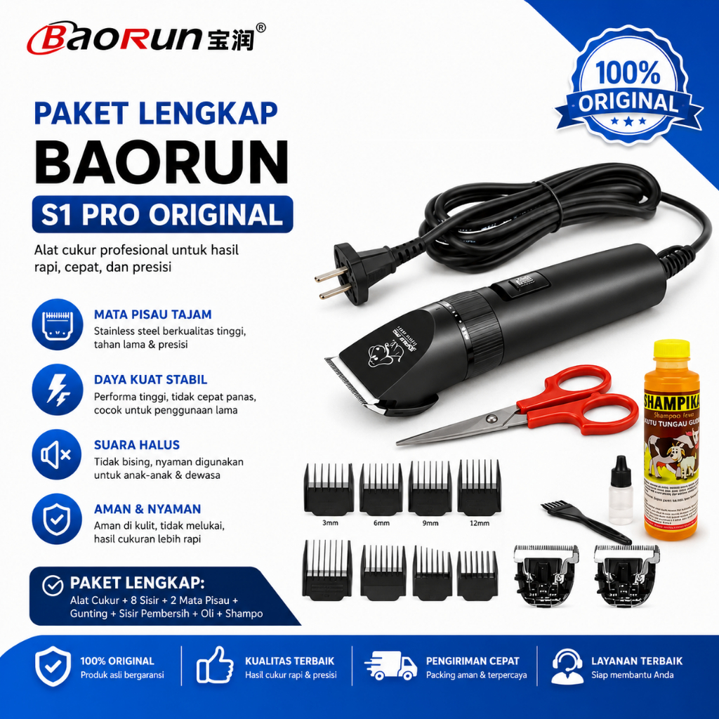 Baorun S1 PRO Alat Cukur Bulu Domba Kambing Anjing Kucing Mesin Cukur Hewan Elektrik 180mm Hitam