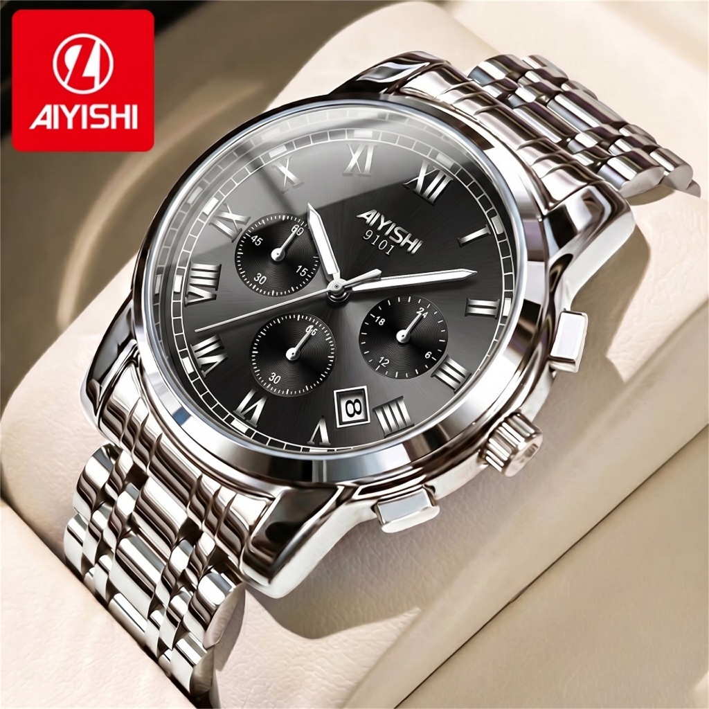AIYISHI Jam Tangan Pria Anti Air Original Stainless Steel Chrono Aktif Cowok Luminous Kalender Analo