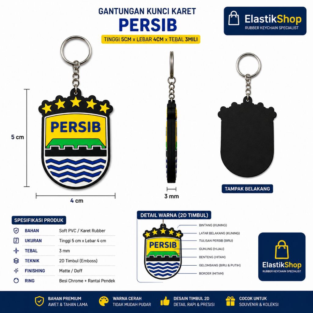 GANTUNGAN KUNCI PERSIB BANDUNG ( BINTANG 5 ) | BAHAN KARET TIMBUL