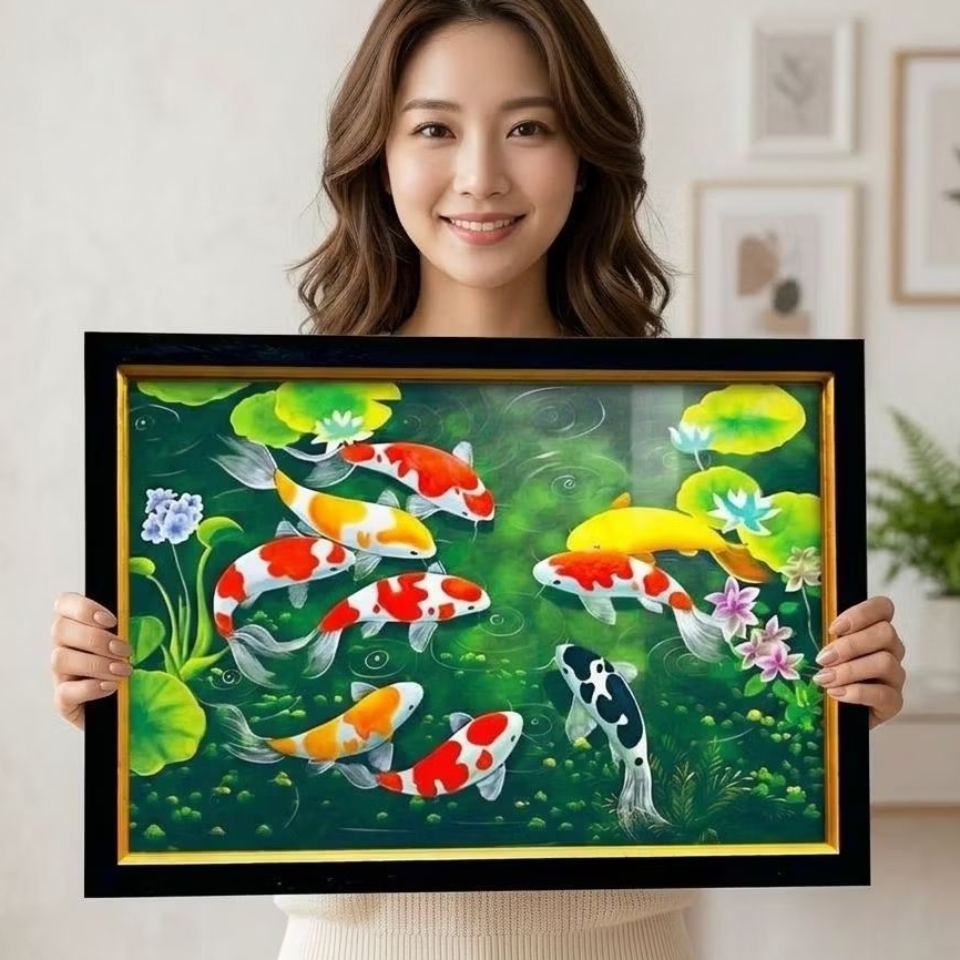 Hiasan dinding Lukisan Gambar ikan Koi berwarna-warni di danau teratai || ukuran jumbo plus bingkai
