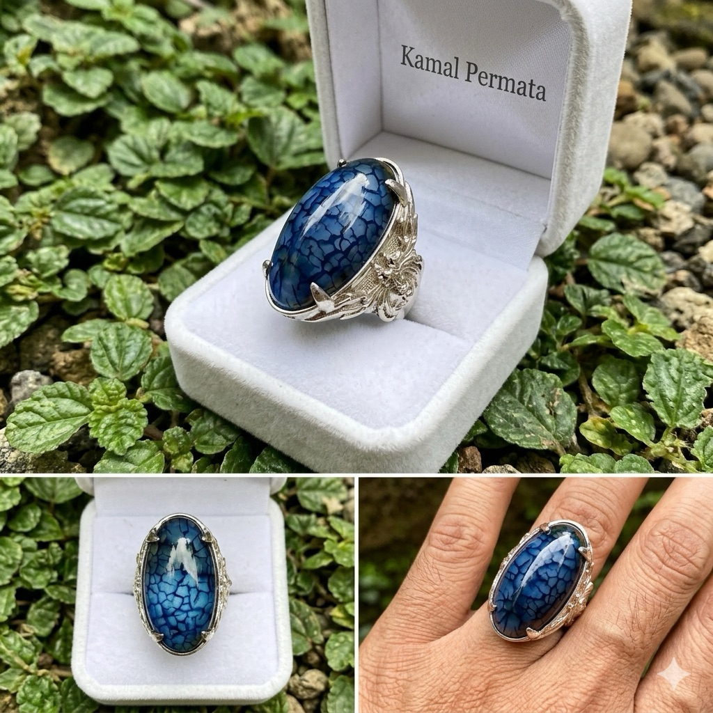 Cincin Batu Akik Pandan Serat Naga Purple Biru Antik
