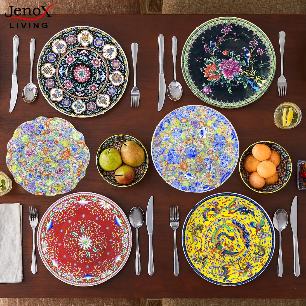 Piring Keramik Porselen Putih Berhias bunga Gaya khas Cina I Warna Enamel bunga, Piring Makan dan pi