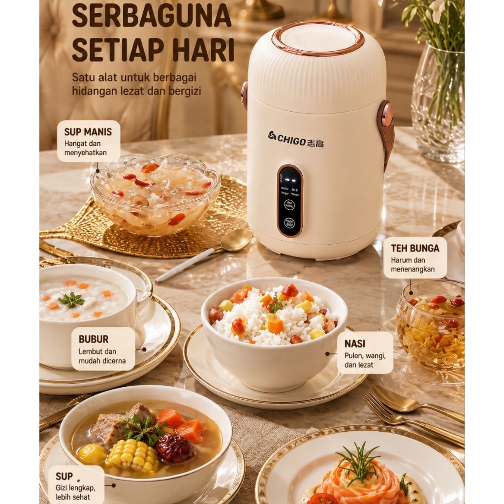 CHIGO Mini Rice Cooker Multifungsi 900ml 500W Anti Lengket Panci Listrik Travelling Portable Electri