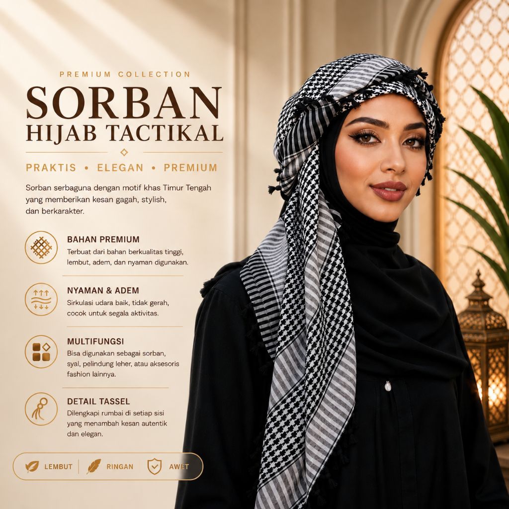 Sorban Habib Berkualitas Arab Sholat Tactical Ronce Rumbai Wanita Anak-Anak Laki-Laki Hitam Putih
