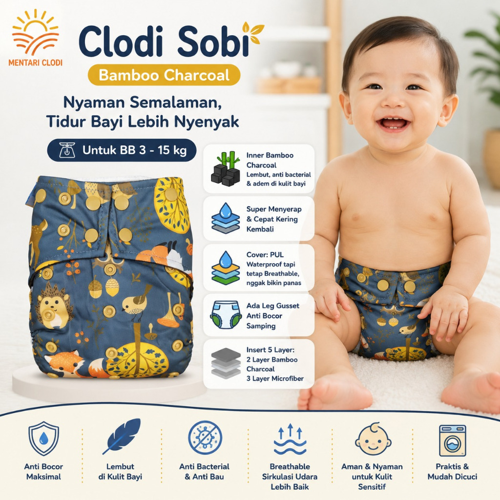Clody Sobi Bamboo Charcoal Clodi Sobi Pocket Popok Kain Bayi Cuci Ulang Waterproof Cloudy Cloudi Ori