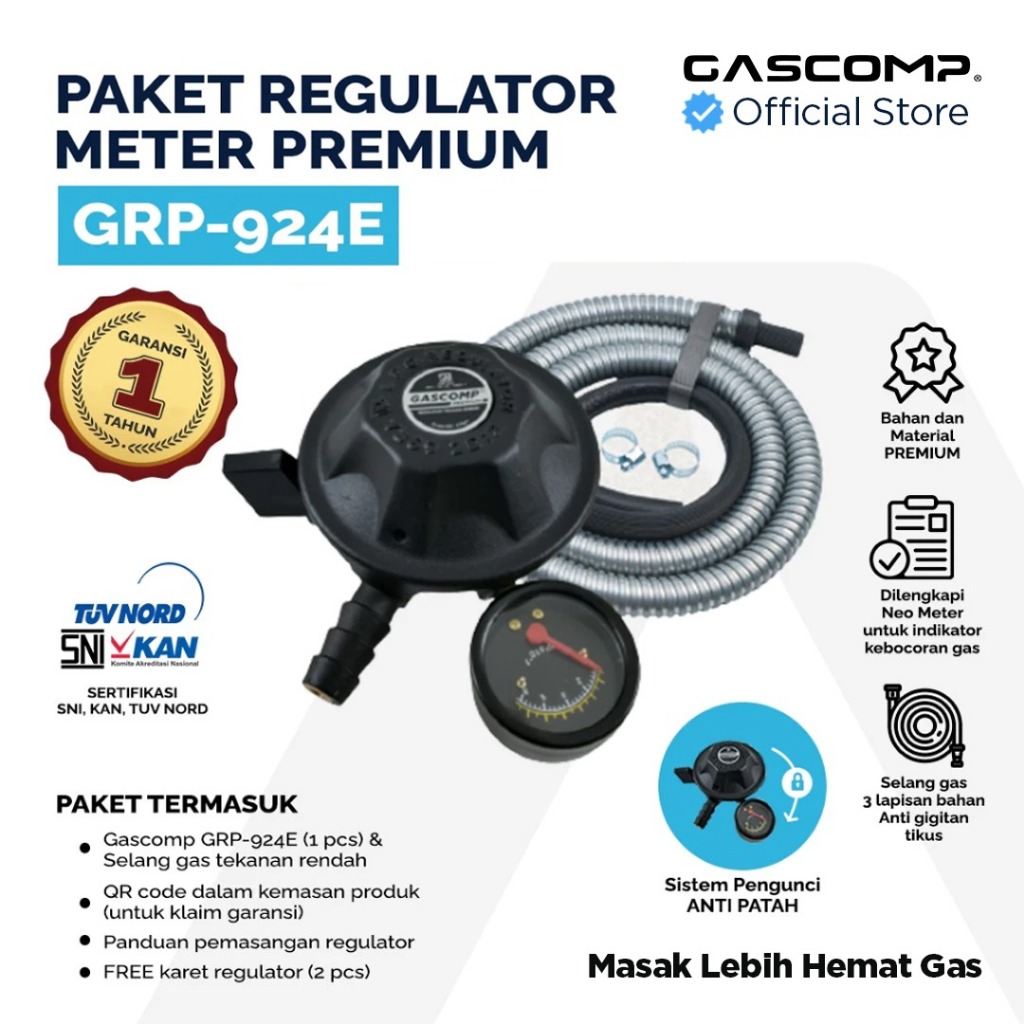 GASCOMP Paket Regulator Meter Premium + Selang (GRP-924E) Regulator Gas Aman Regulator Gas Anti Boco