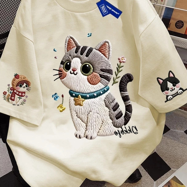 Pola Anak Kucing Bordir Kartun Harajuku | Baju atasan wanita terbaru 100%cotton