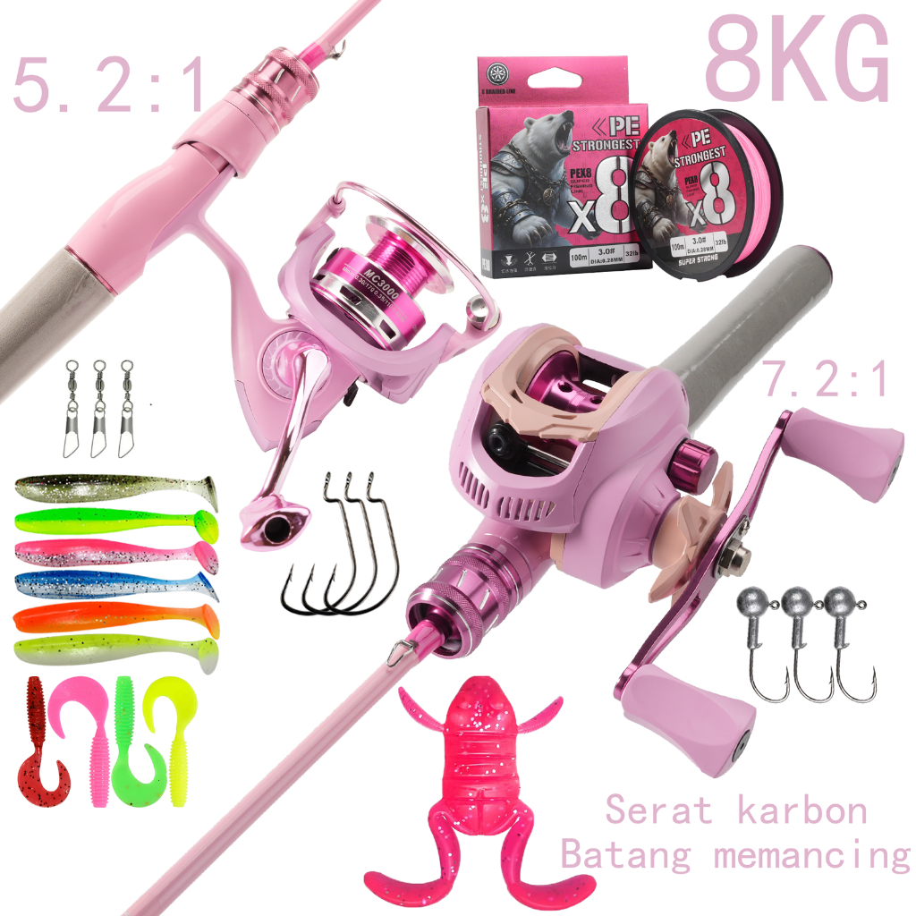 Set Alat Pancing Lengkap Merah Muda Joran Karbon Fiber & Reel Pancing Spinning 5.2:1 / Baitcasting 7