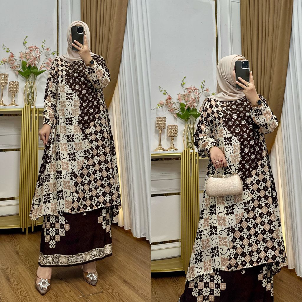 Set Tunik Batik Dobby Sutra Viscose Baju Kondangan Wanita Kekinian Baju Batik wanita lengan panjang