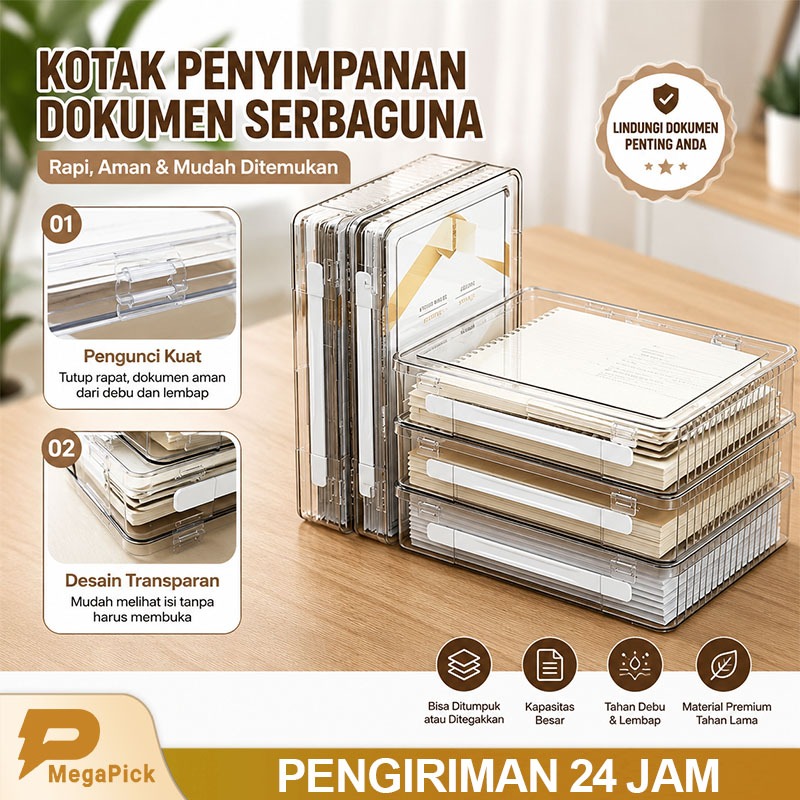 MegaPick Kotak Penyimpanan Dokumen Premium Transparan Tebal dengan Tutup | Box Arsip A4 Anti Debu Or