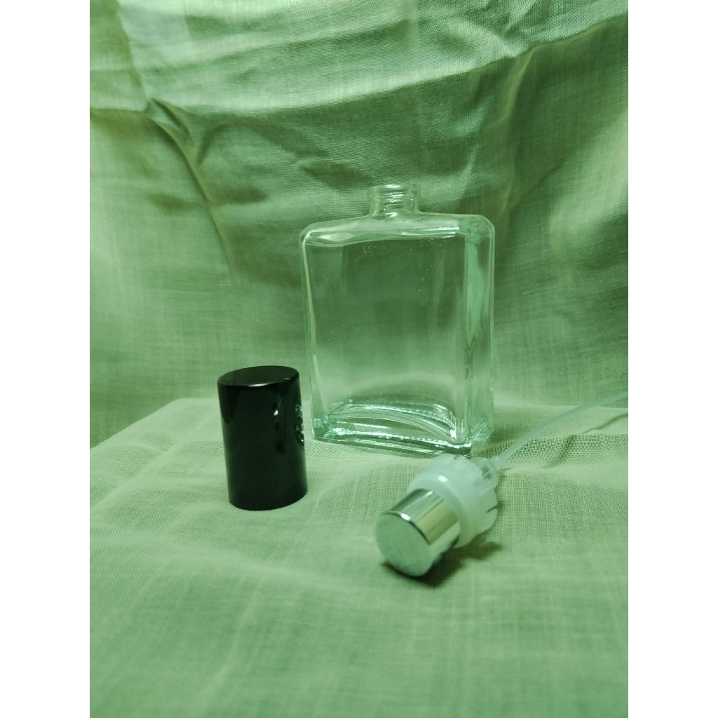 Botol parfum kotak 50 ml set #botol kaca#spray semi press # tutup hitam #