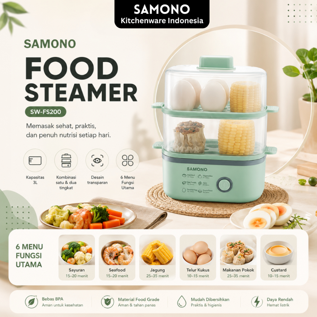 SAMONO Food Steamer FS200 Kukusan Elektrik 2 Tingkat 3L Multifungsi Egg Boiler Pengukus Makanan Low 