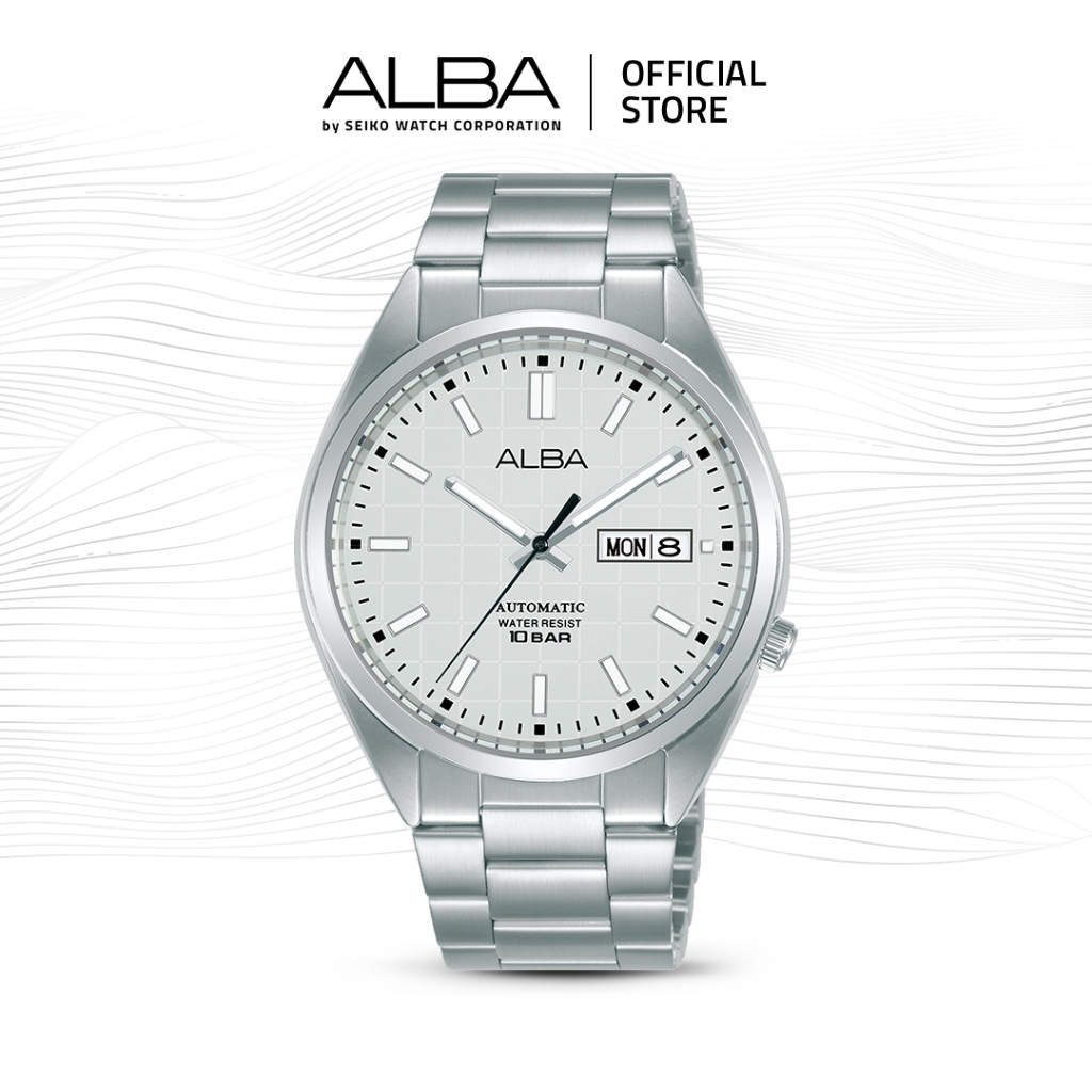Alba Mechanical Jam Tangan Pria AL4329 / AL4329X1 Automatic White Patterned Dial Stainless Strap Wat