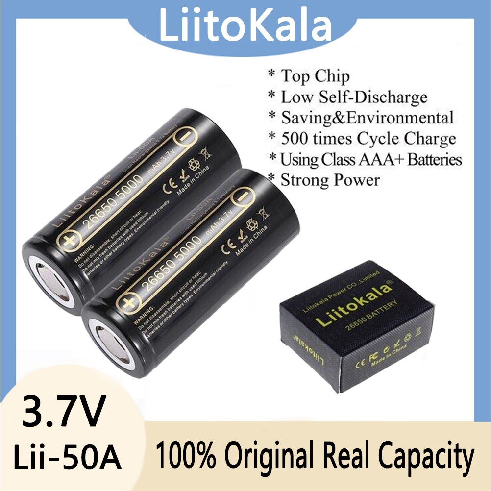 Baterai Lithium LiitoKala Lii-50A 26650 5000mAh 3,7V, Baterai Isi Ulang 26650 5000mAh, 26650-50A, Co