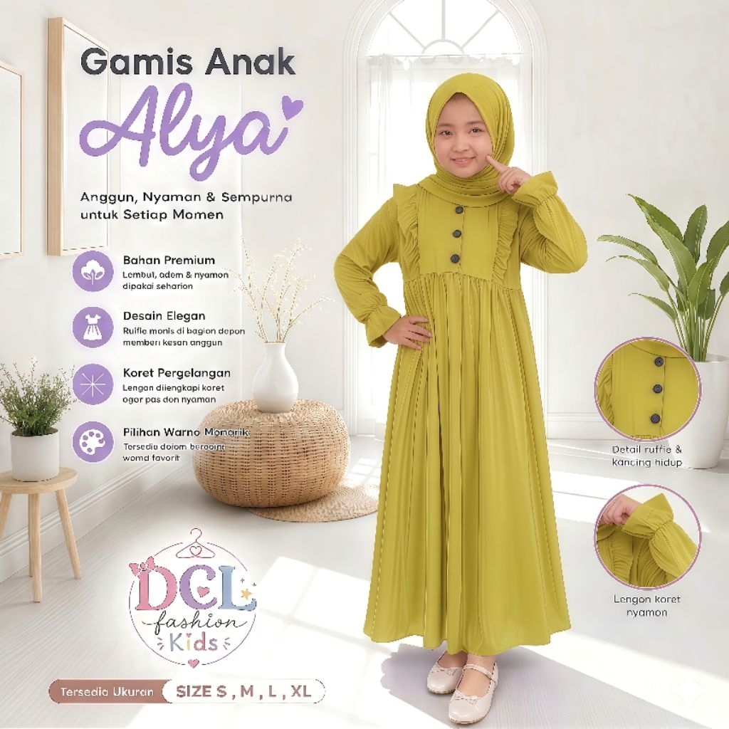 Gamis Anak Perempuan Alya - Gamis Warna Lemon Bahan Jersey Premium Lembut usia 1-12 Tahun DCL Fashio