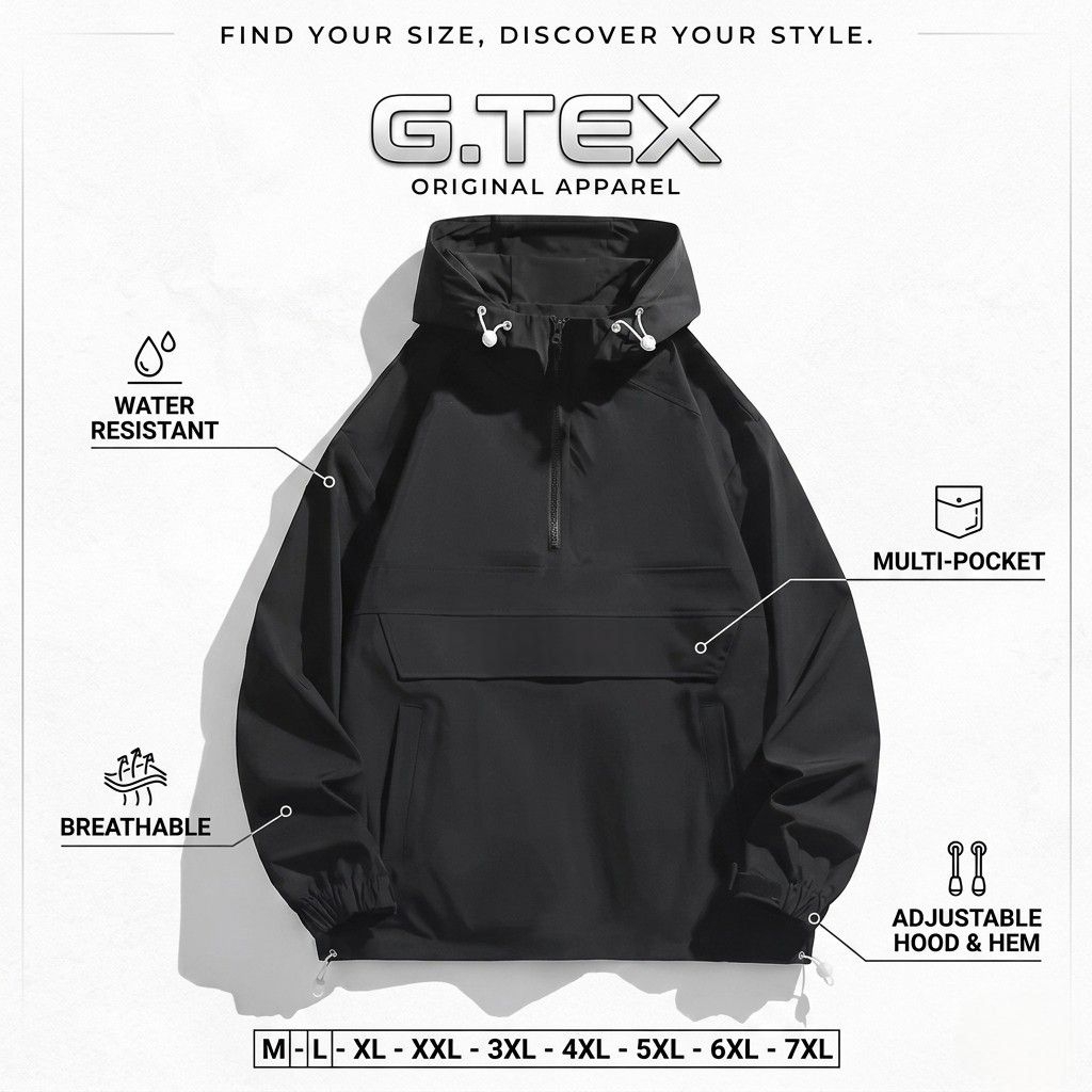 G.TEX Jaket Anorak Pria Hoodie Half Zip Parasut Windbreaker Casual Big Size Jumbo M - 7XL