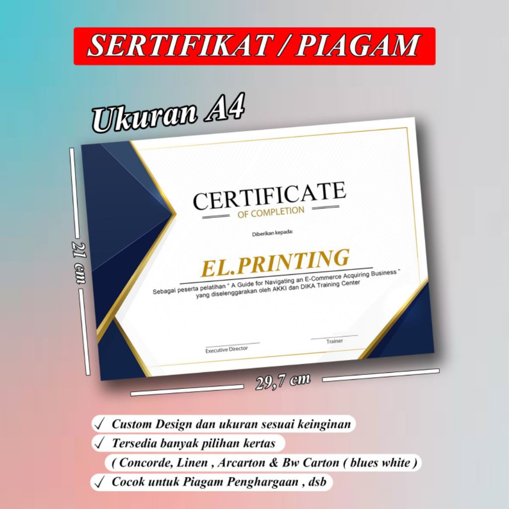 Print Cetak Sertifikat Piagam Penghargaan / Piagam Lomba Ukuran A4 Premium #newproduction#