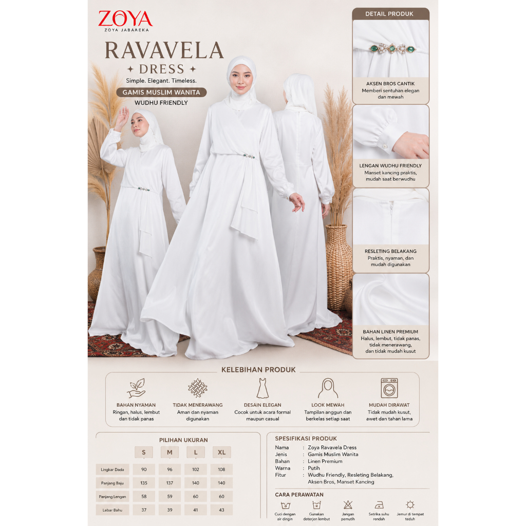 ZOYA Ravavela Dress Putih - Baju Gamis Muslim Polos Wanita Wudhu Friendly – Bahan Linen