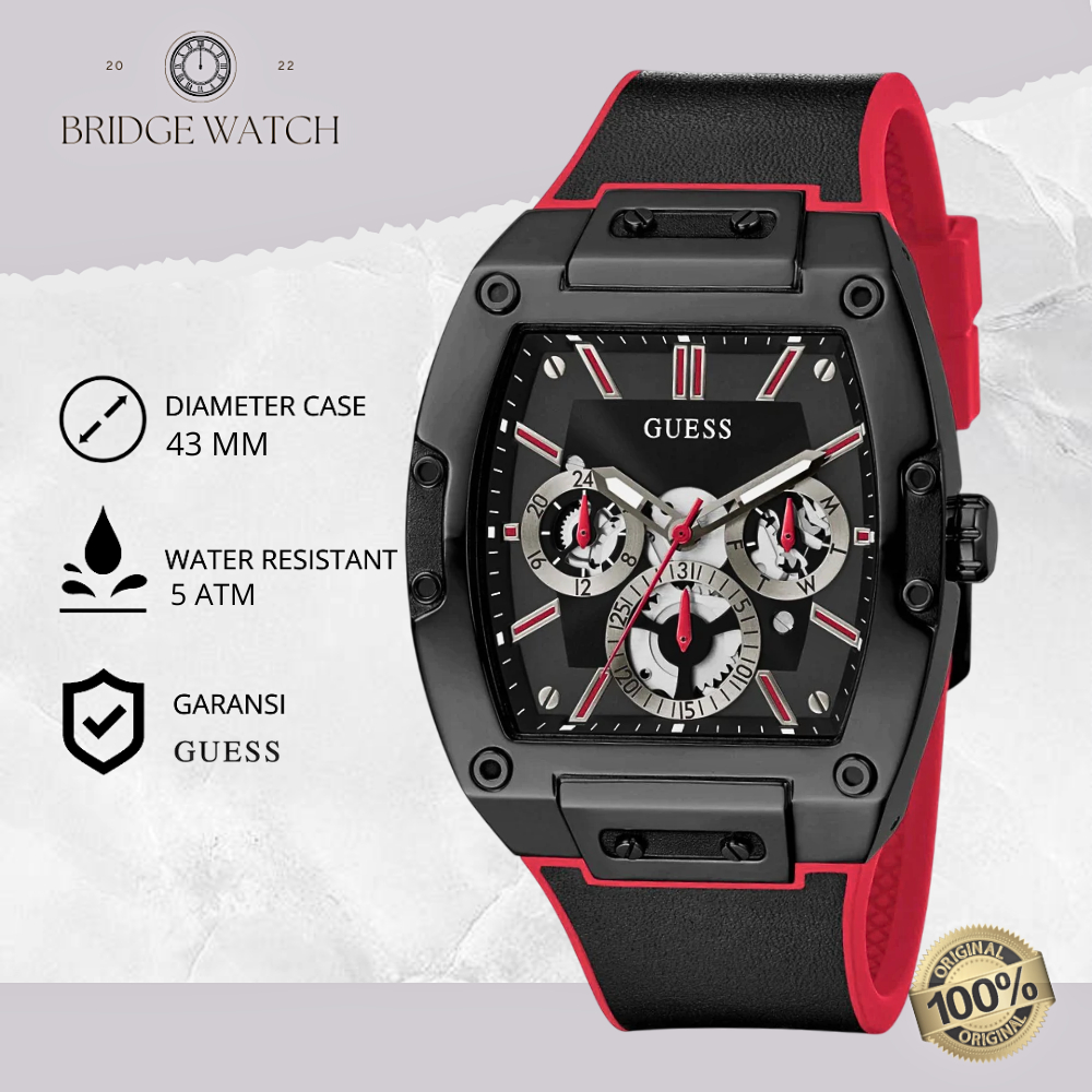 Jam Tangan Pria Guess GW0202G7 Phoenix Chronograph Black Red Leather with Rubber Strap Hitam Sporty 