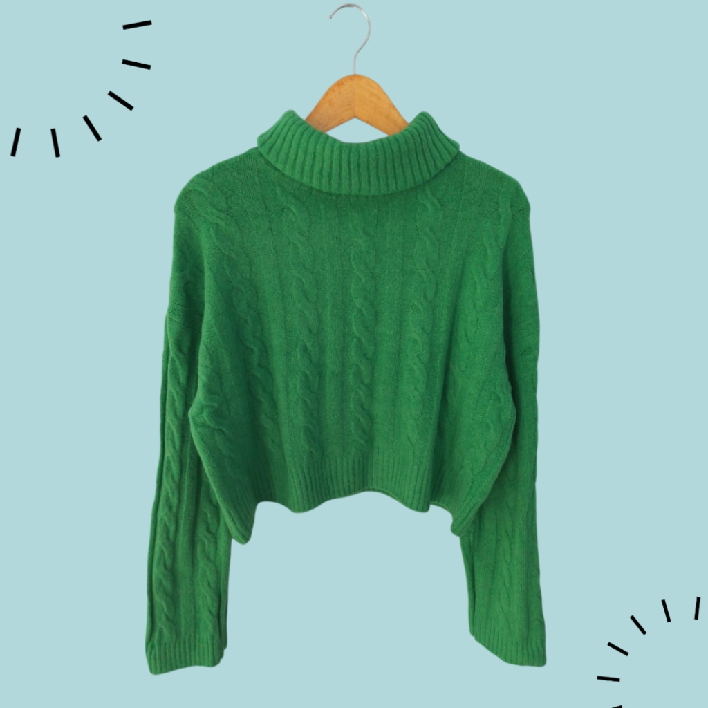 Global Uniqlo Sweater Rajut Kepang Crop Turtle Neck Hijau Wanita