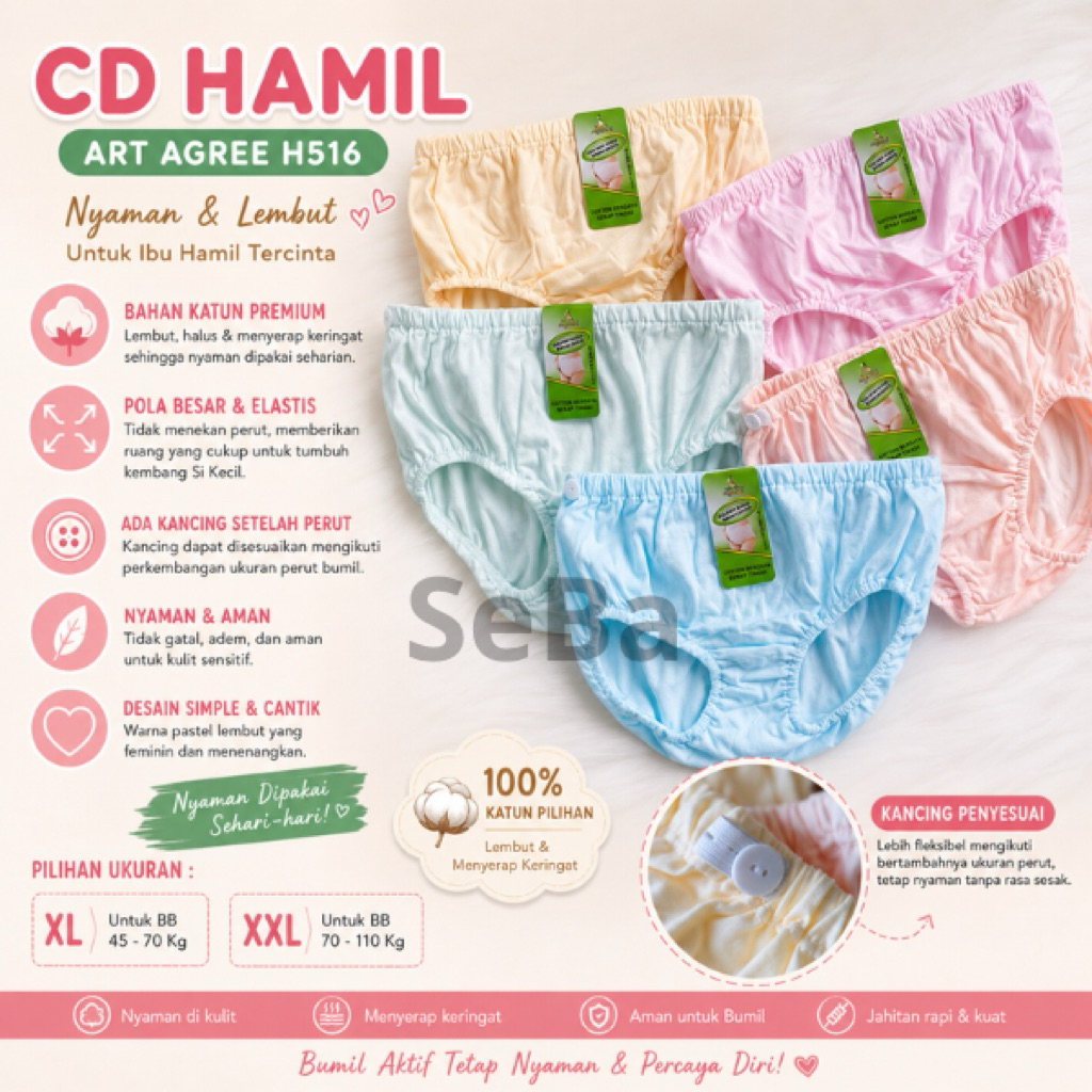 Cd Ibu Hamil Katun Agree H516 / Celana Bumil Kancing Maxi Adem / Cd Mama Hamil Katun Agree / Celana 