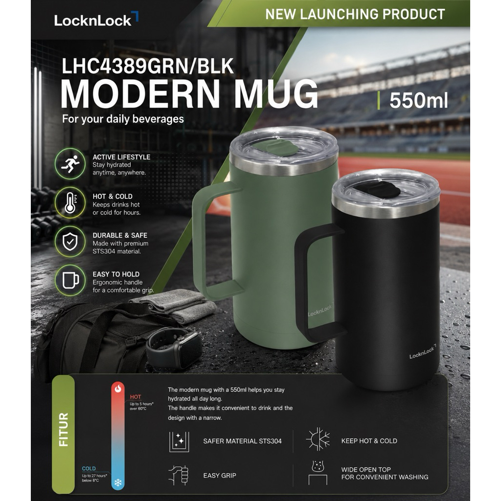 Tumbler LocknLock LHC4389 GRN/BLK Modern Mug original resmi lock n lock