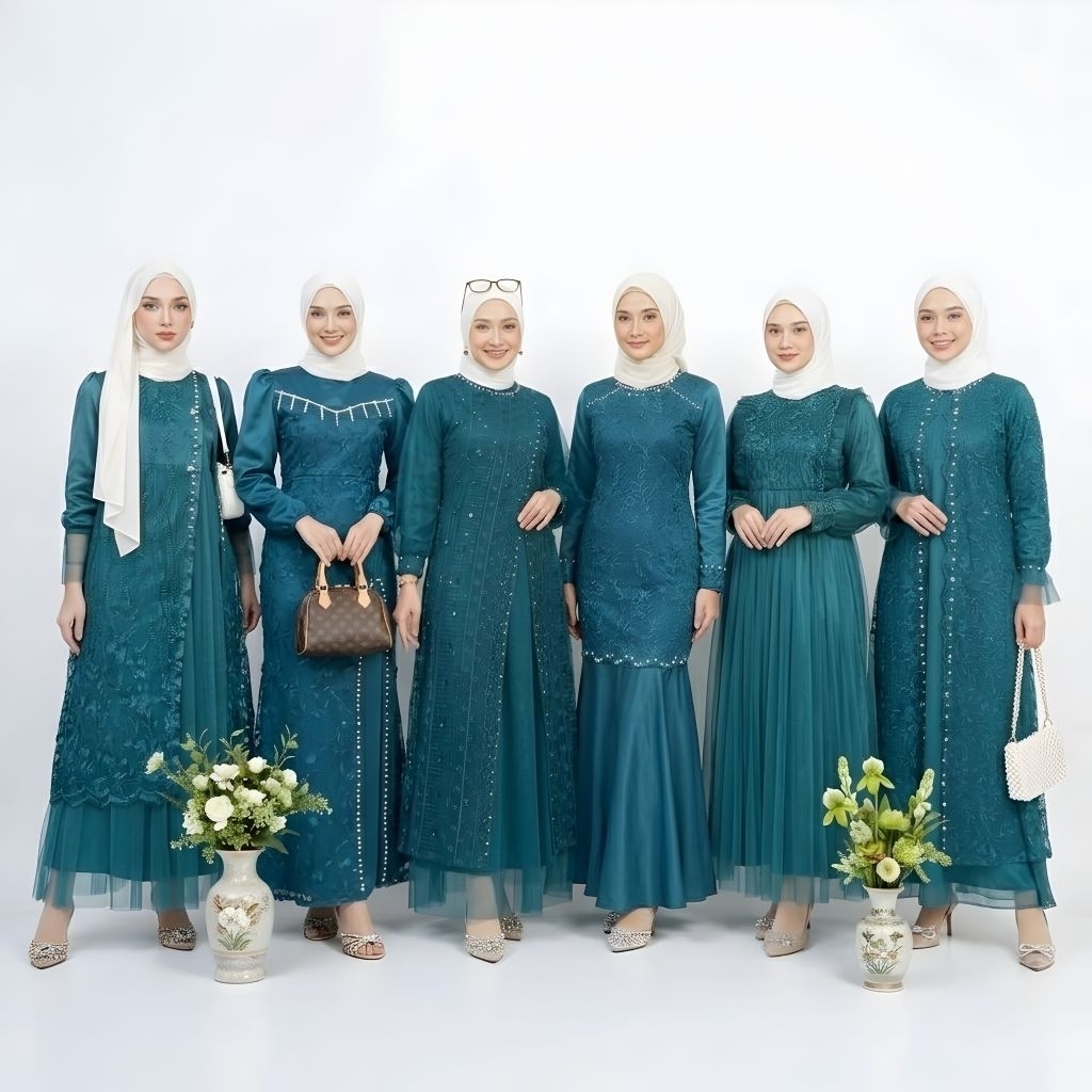 Gamis Pesta Wanita Elegan Brokat Emerald Hijau Seragam Bridesmaid Warna Emerald Green M-3XL Cl