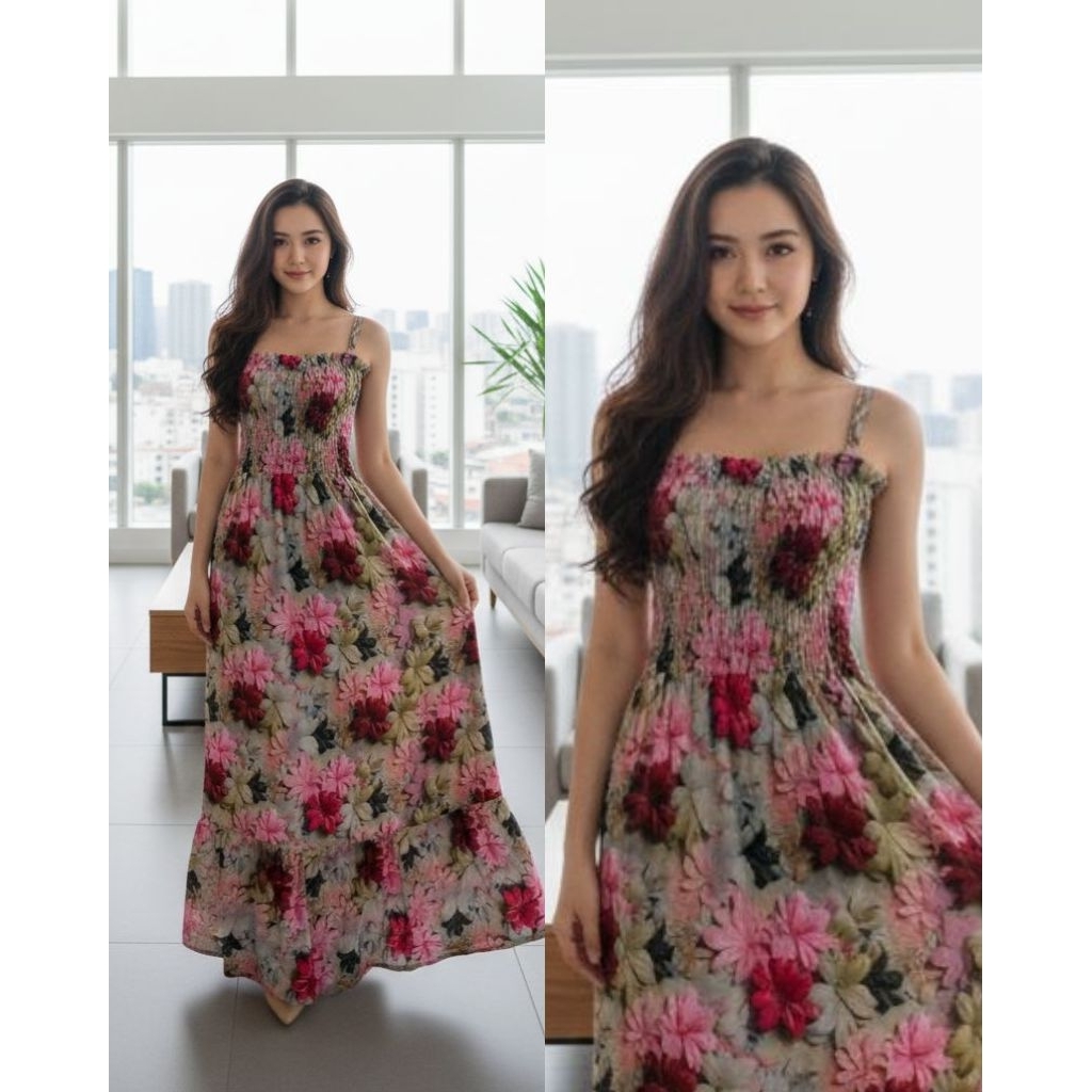 Korean Dress Rayon Motif Grade A/Dress Wanita Kekinian/Dress Kerut Tali Gasper/Inner Dress
