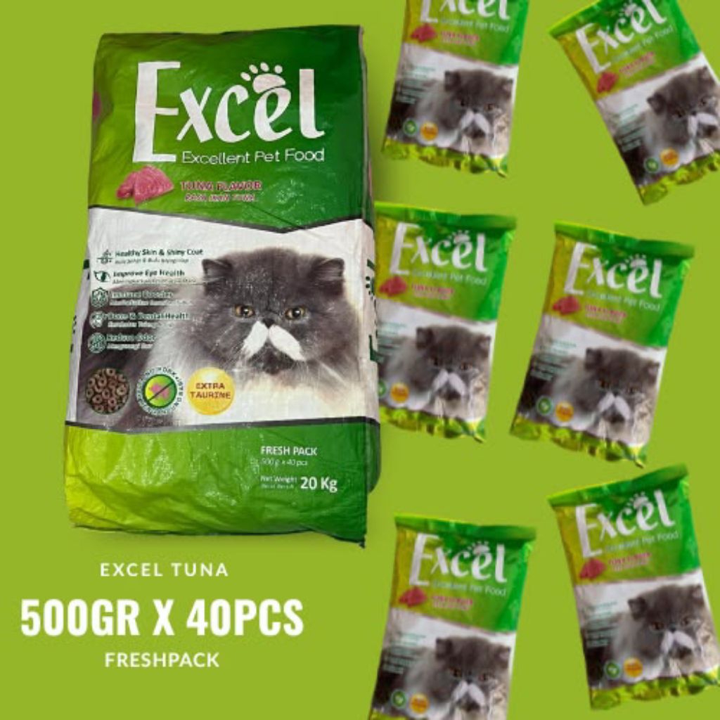 Makanan Kucing Excel Tuna Hijau, Orange, Ungu, Kuning, Pink 1 Zak (karung) 20kg