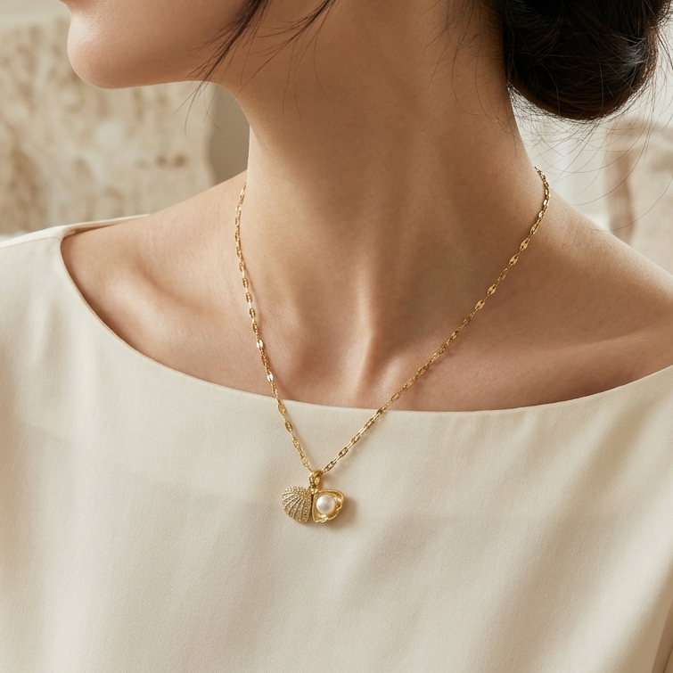 Kalung Titanium Wanita Liontin Kerang Mutiara Calista