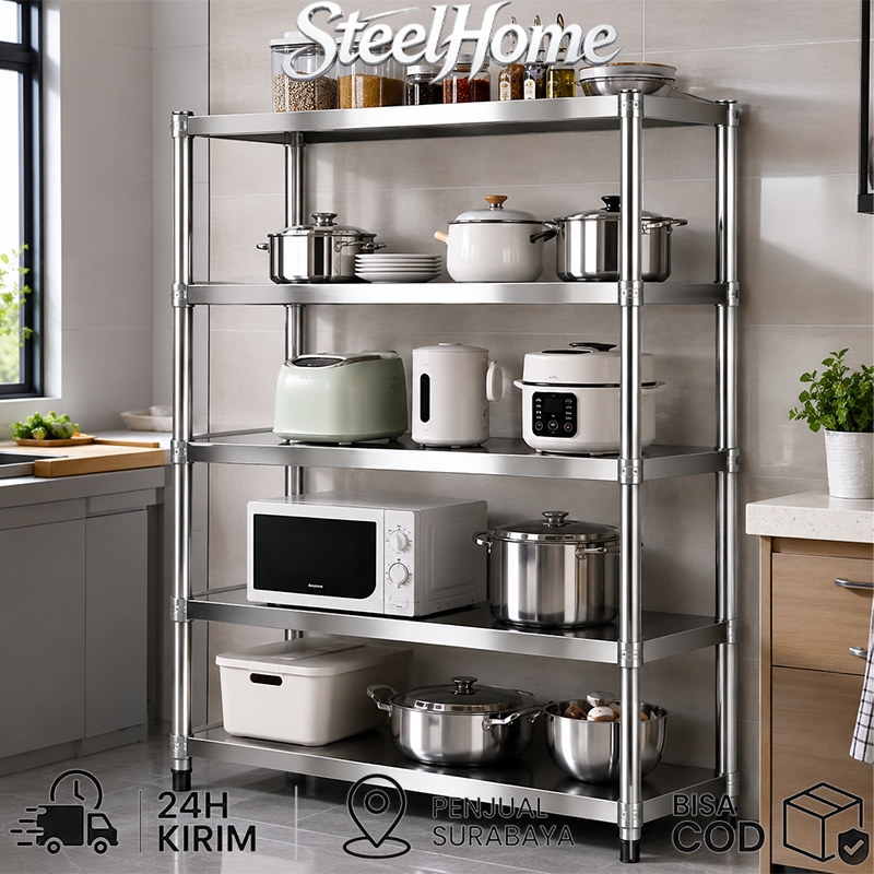 SUS 304 Rak Dapur Stainless 5 Susun Untuk Microwave Oven Serbaguna Anti Karat Ready Stock Surabaya C