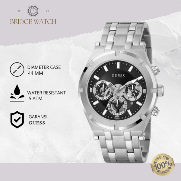 Jam Tangan Pria Guess Continental GW0260G1 Chronograph Silver Stainless Steel Black Dial Sporty Mewa