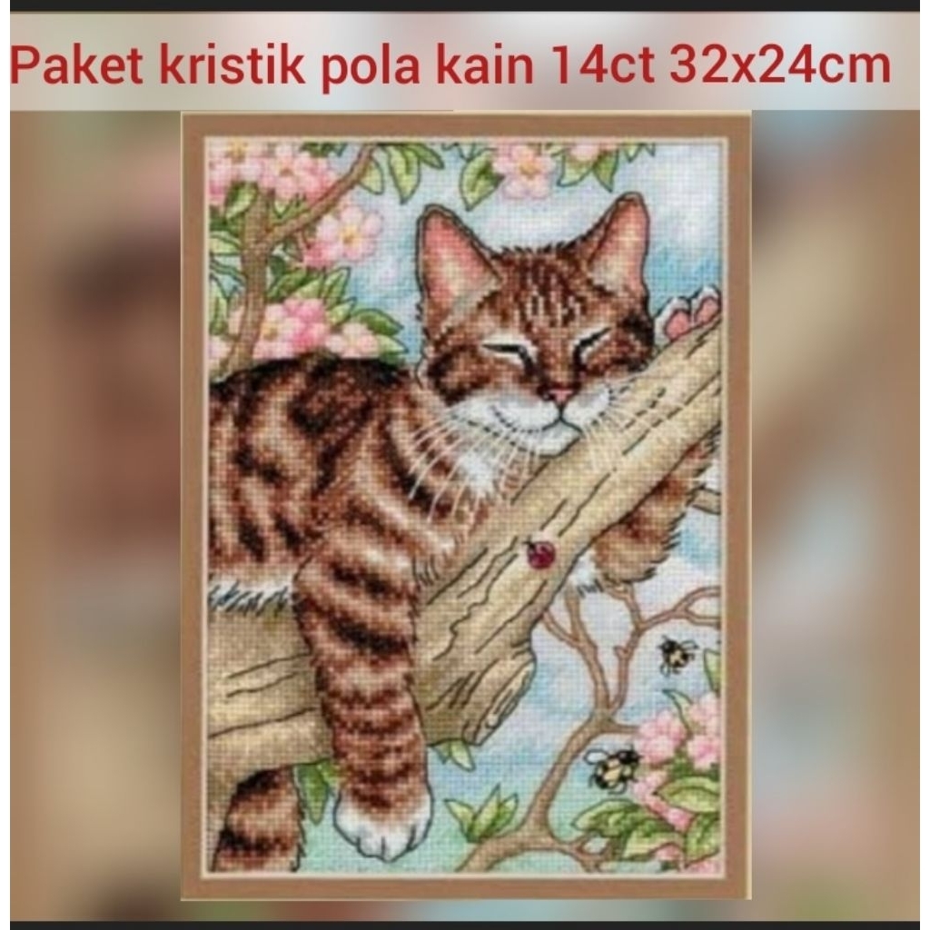 DIY PAKET KRISTIK KUCING lazy cat POLA KAIN 14CT