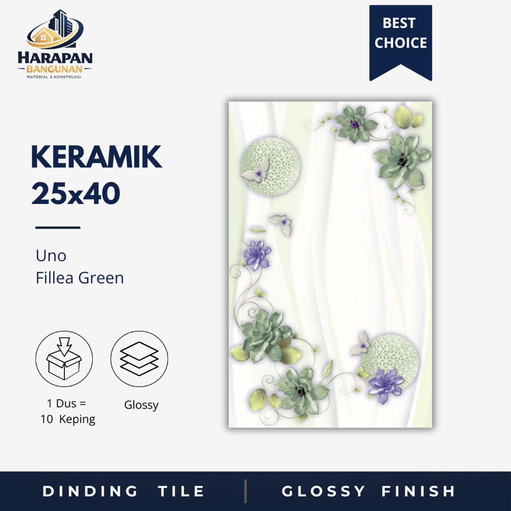 Keramik Dinding Kamar Mandi 25x40 Uno Fillea Green Keramik Glossy Hijau Bunga Bunga 25 x 40