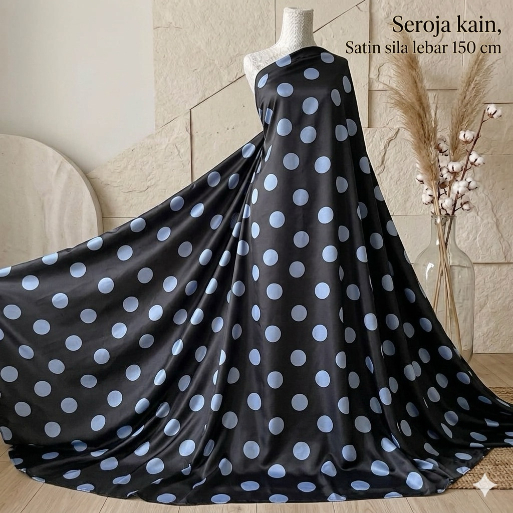 Kain Satin Silk Motif Polkadot Biru Hitam - Lebar Kain 150cm Kyt