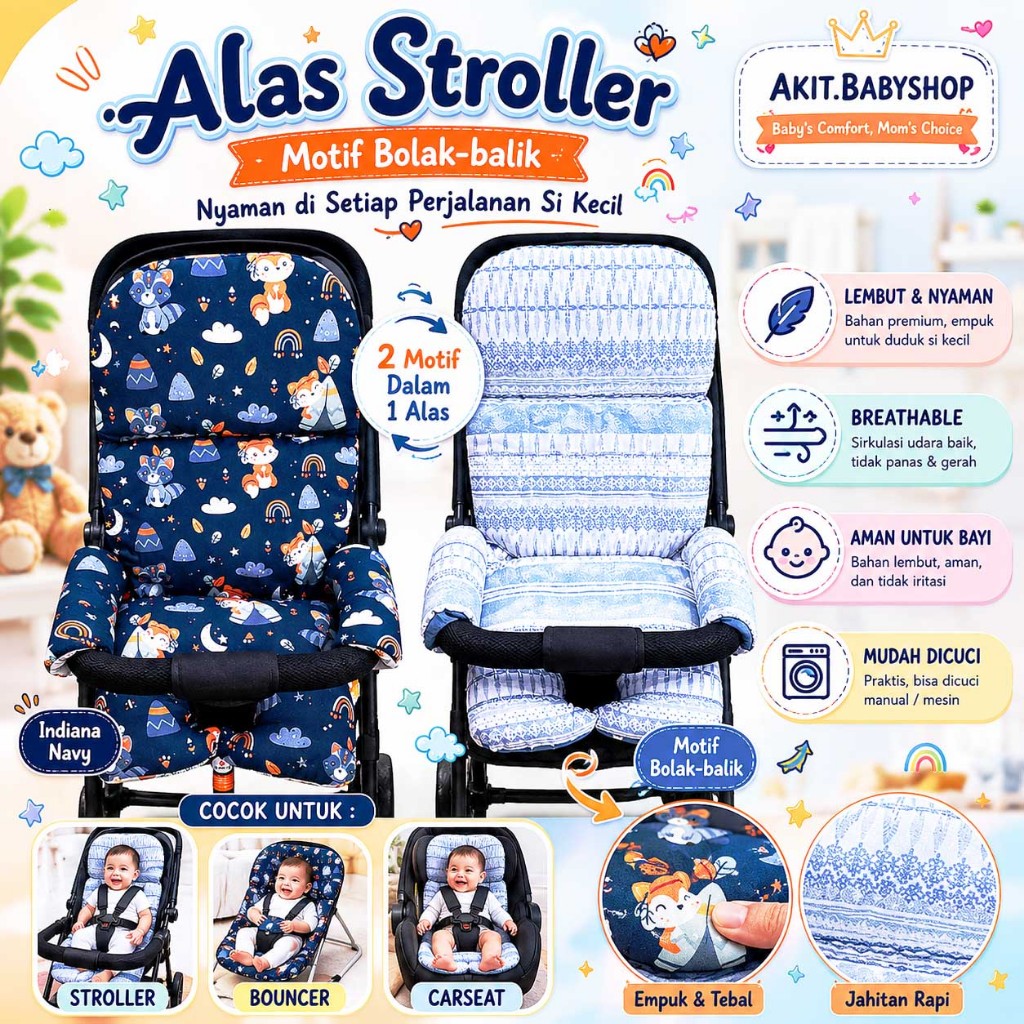 LINK 2 - STROLLER PAD PANJANG SANDARAN 56cm untuk model roda 4/5 Alas stroller Exotic lw 120, pasifi