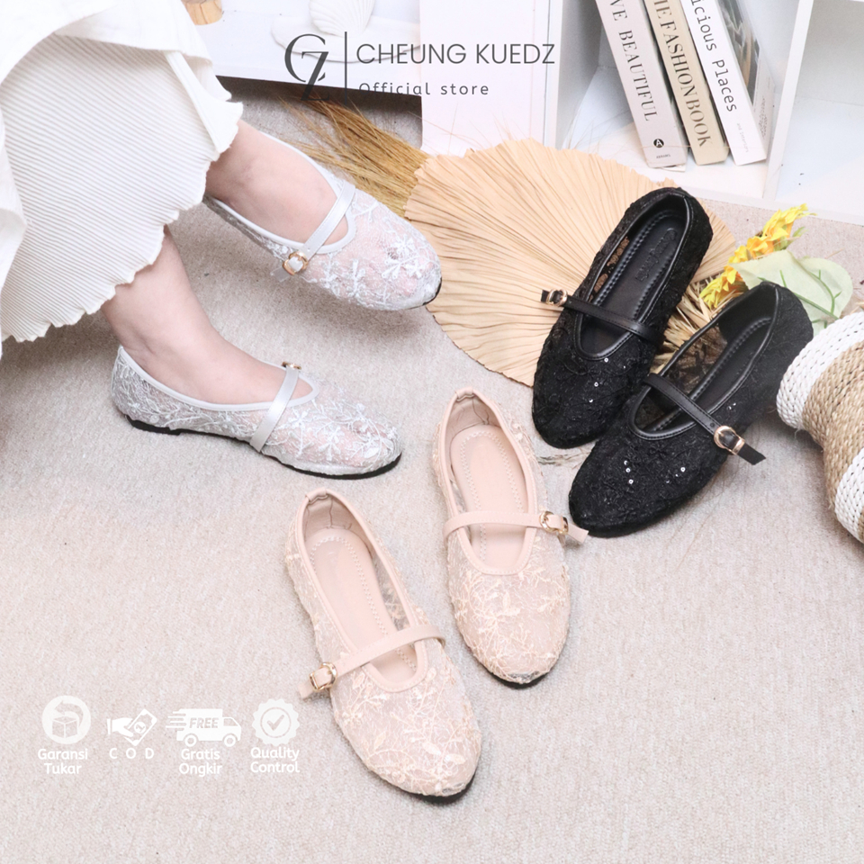 CZ - Cheung Kuedz Melodi Flat Shoes Wanita Bahan Brukat Motif Marry-Jane