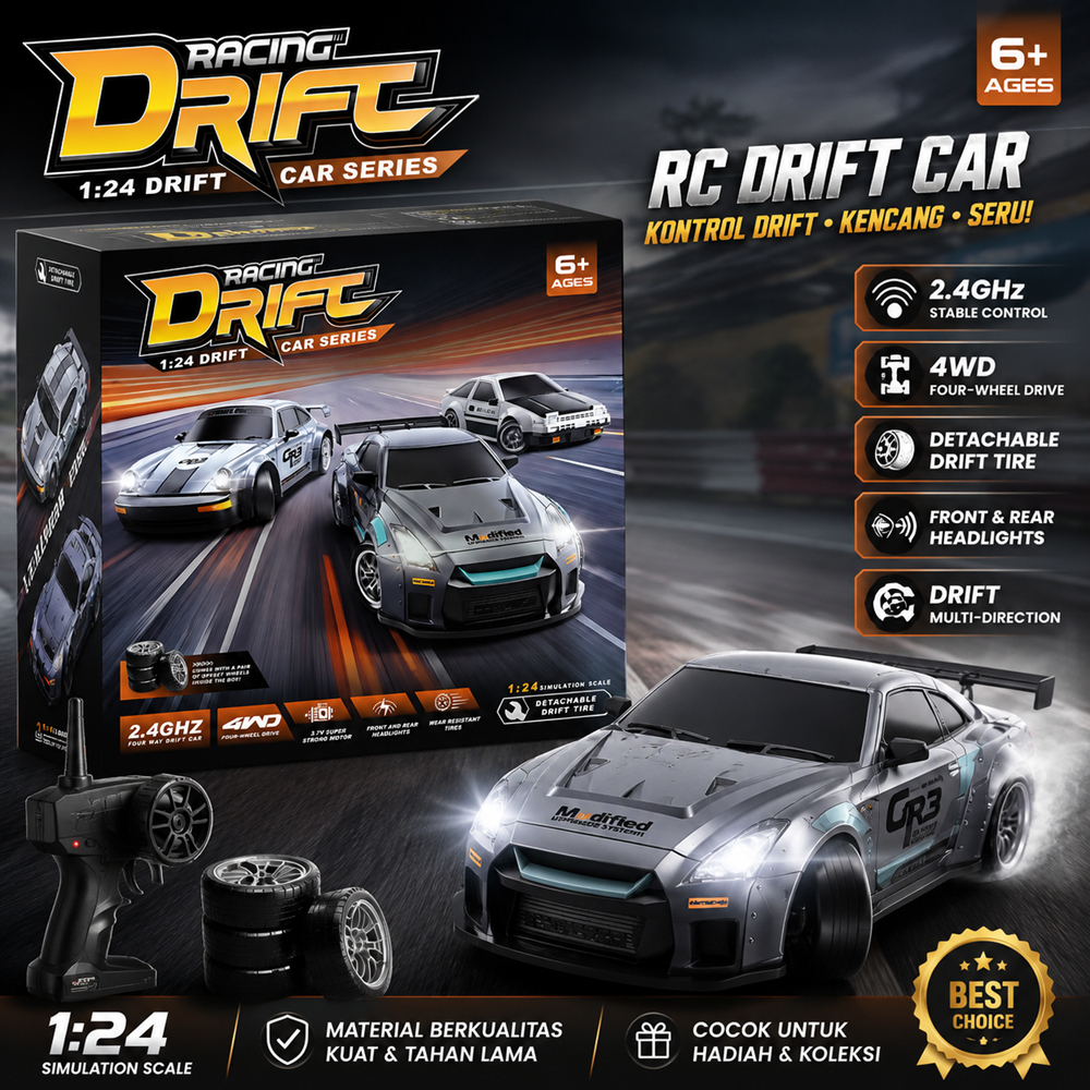 RC Drift Car 1:24 4WD Mobil Remote Control Drift Racing 2.4GHz Lampu LED Ban Drift Lepas Pasang