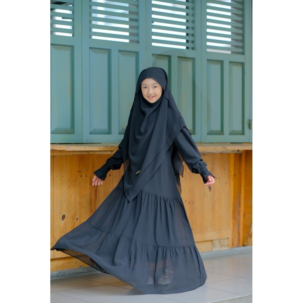 (COD)Hitam Gamis Anak Perempuan Model Ruffle Set Khimar Niqab Cadar Usia 1-10 Tahun