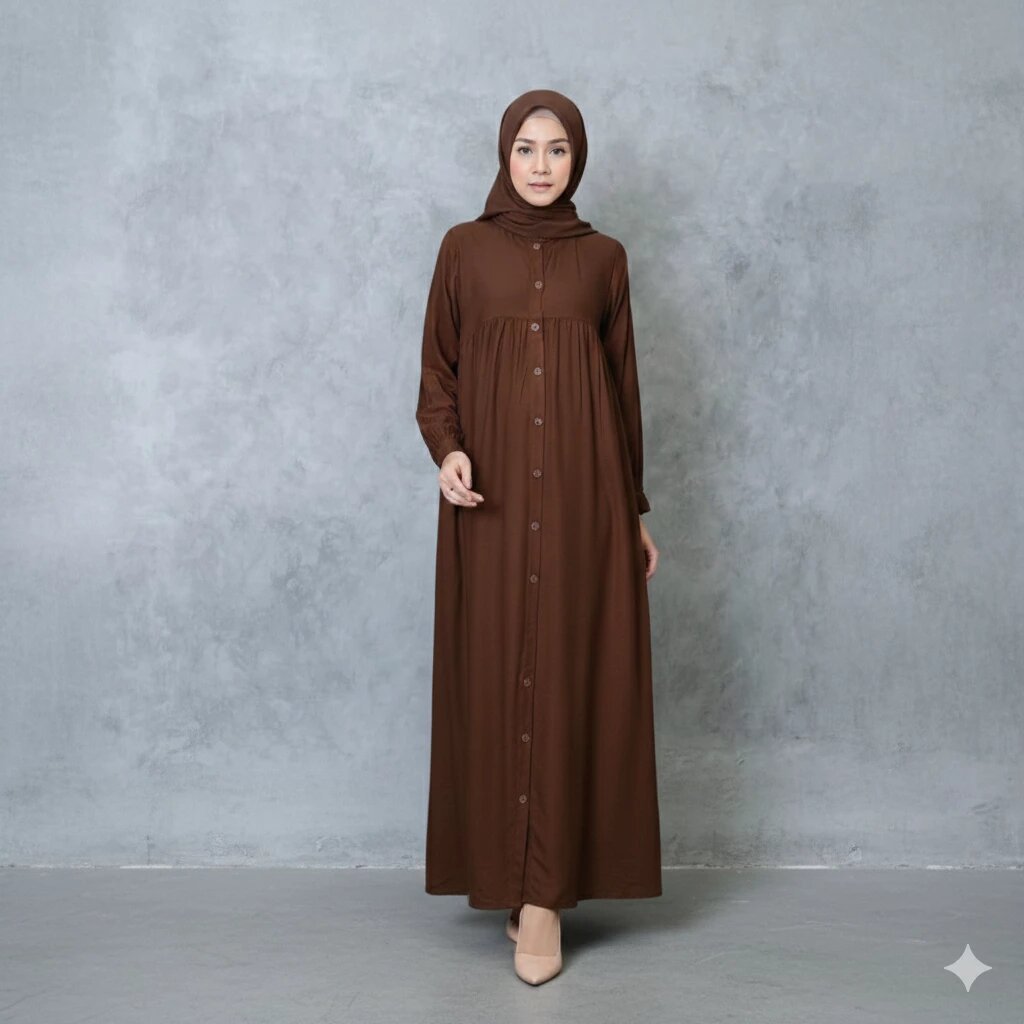 Gamis Full Kancing Rayon Twill Gamis Polos Premium Muslim Wanita Gamis Lengan Kancing