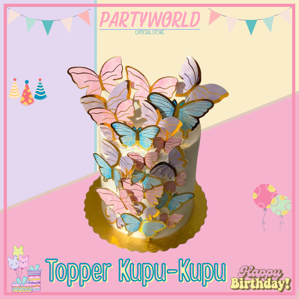 Topper Bucket Birthday Kupu Kupu Butterfly | Hiasan Kue Cup Tart Topper Kupu Kupu | Potongan Set Top