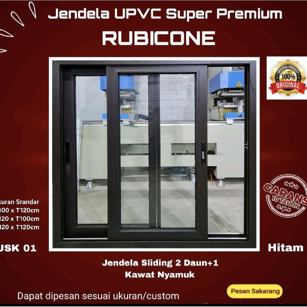 Jendela Sliding Upvc Rubicone Hitam 2daun+1daun kawat nyamuk