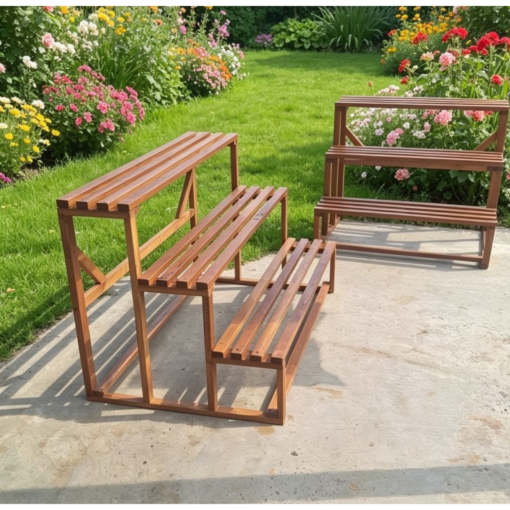 Rak Pot Susun Tanaman Bahan Kayu Jati model tangga.