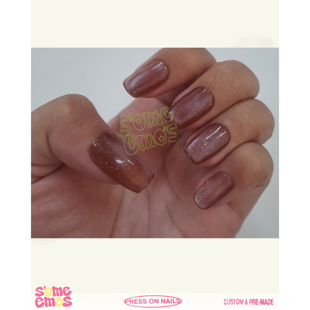 Press on nails Basic Red Mahogany | Kuku Palsu Cat eye | Fake Nails | Gold Glitter Cat Eye handmade 