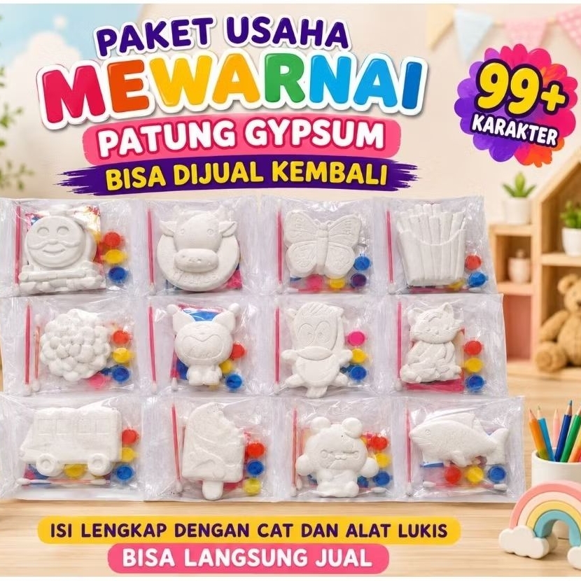 Set Mewarnai Patung Gypsum Anak dengan Cat Warna dan Kuas