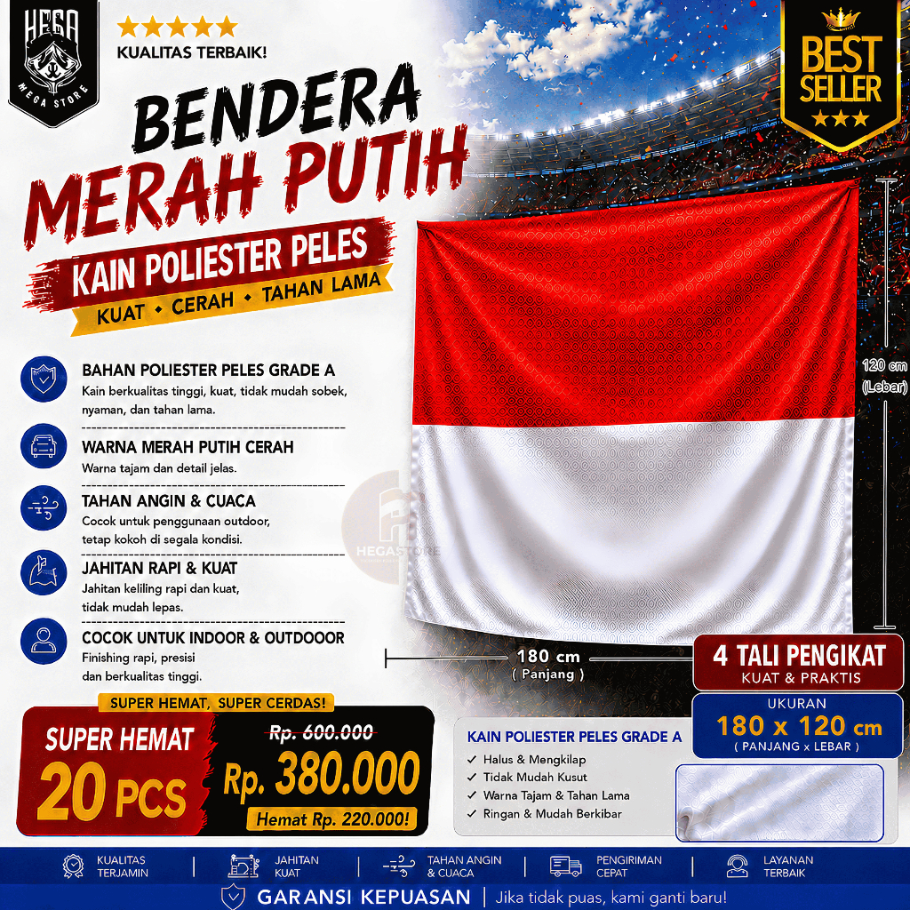 (20pcs) Bendera Merah Putih 180×120 cm - Kain Satin Peles Tebal, Tali Pengikat – untuk Tiang Rumah &
